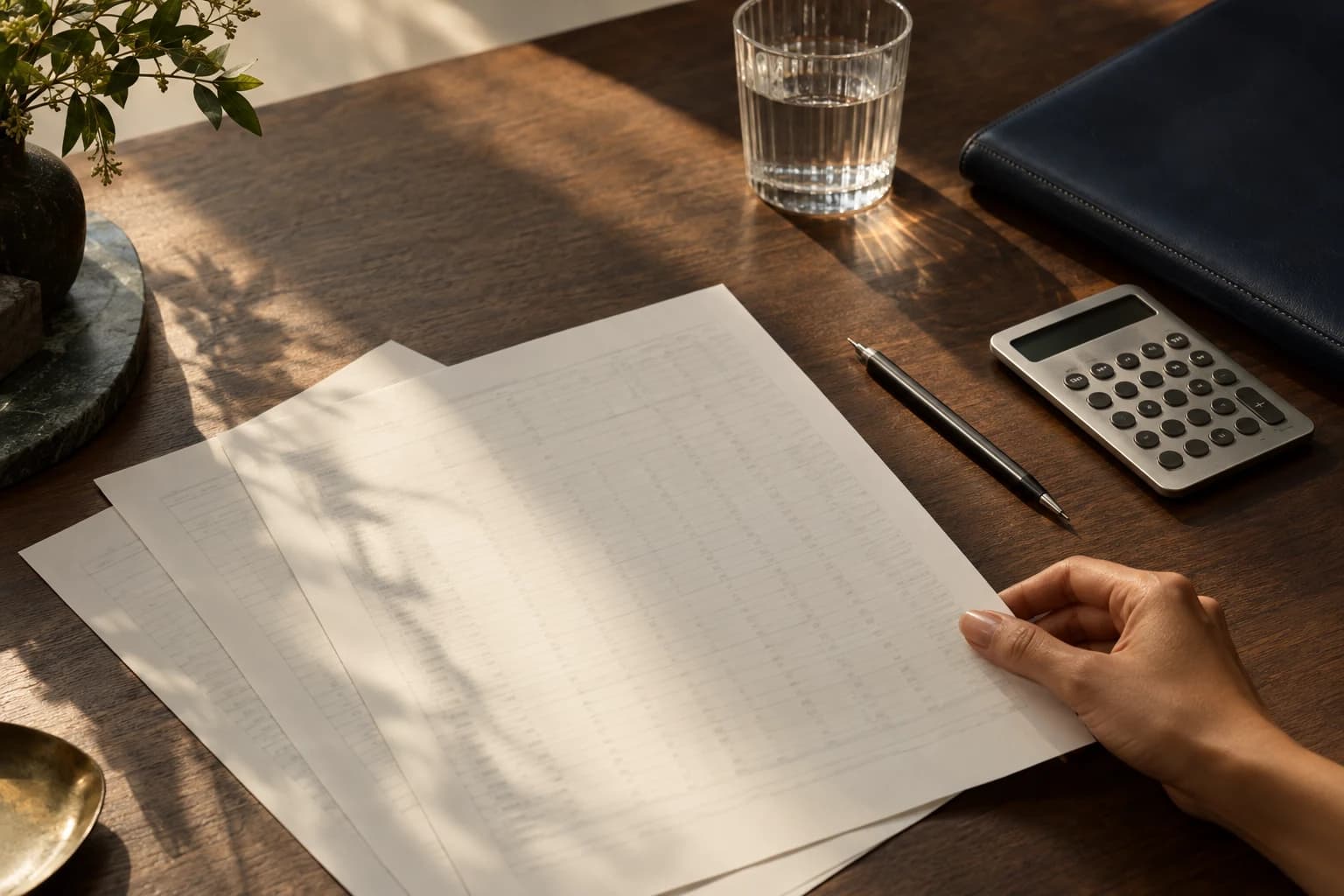 Documentos de ejemplo, calculadora y carpeta sobre un escritorio